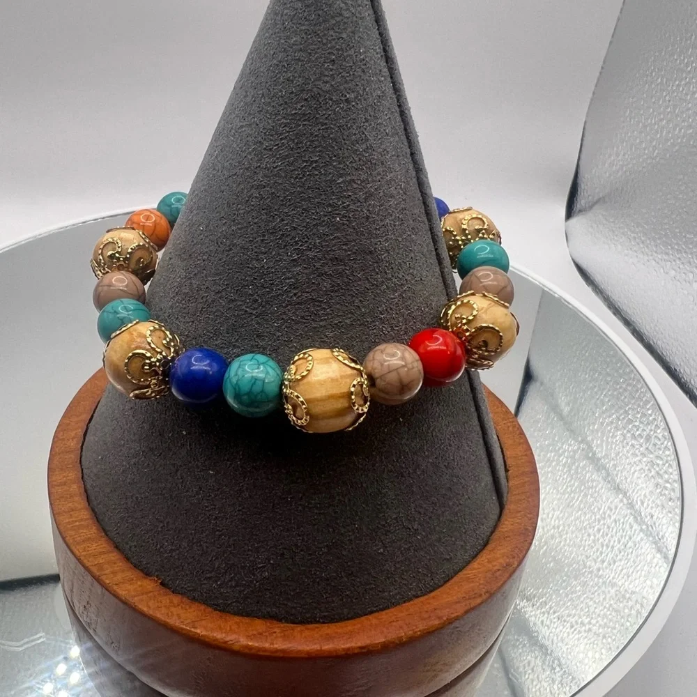 Brand New Chakra Healing Bracelet Gold Filigree Wood Beads Boho